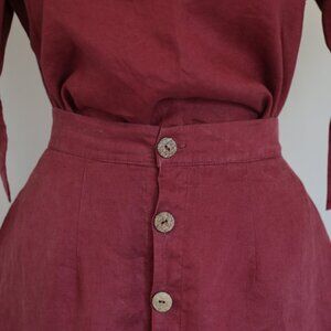 Burgundy/Wine/Maroon Linen Midi Skirt, High Waist w/ Buttons, Pockets - SMALL